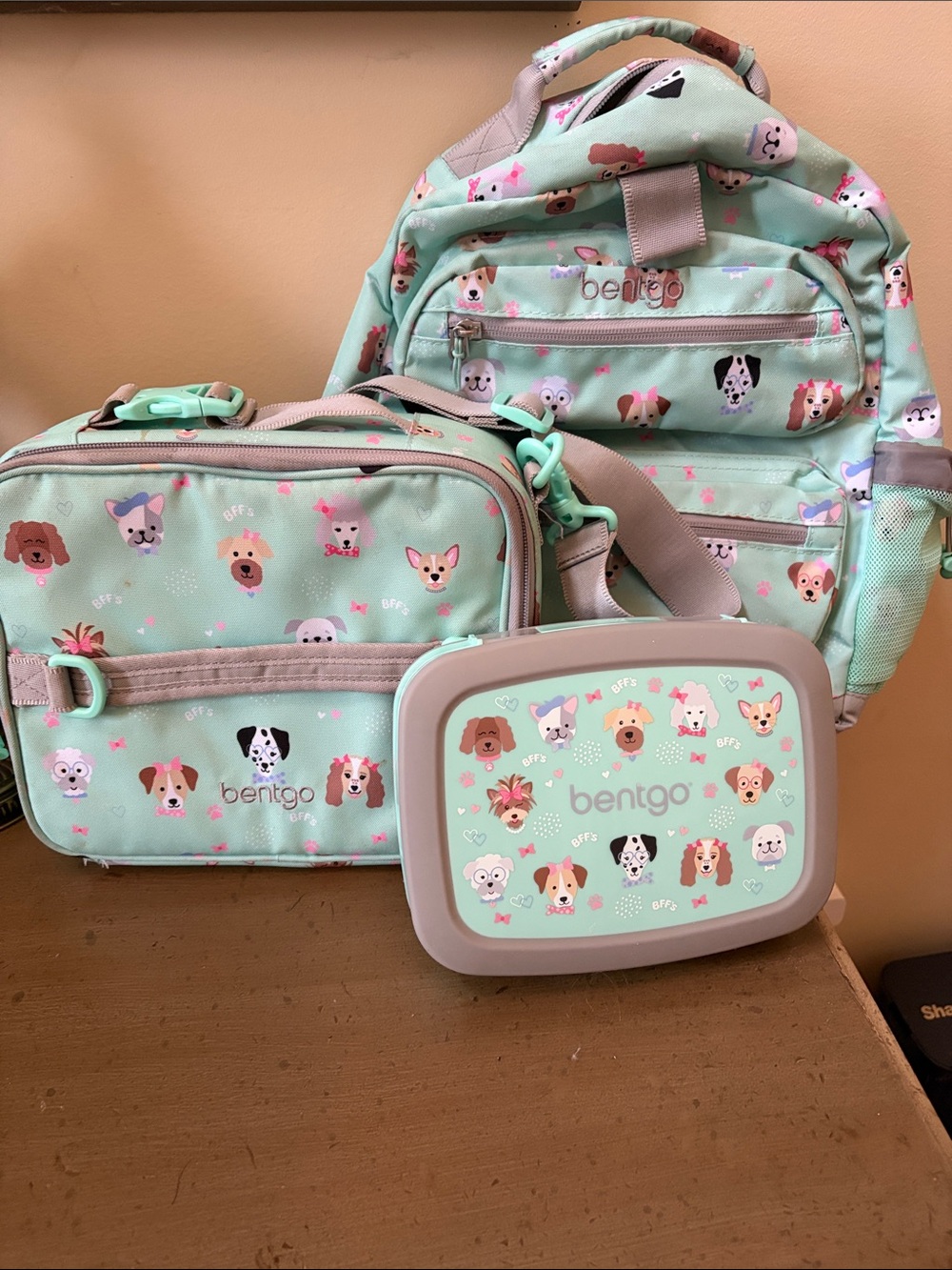 Bentgo Mint Dog Print Kids Backpack, Lunch Bag & Bento Box Set